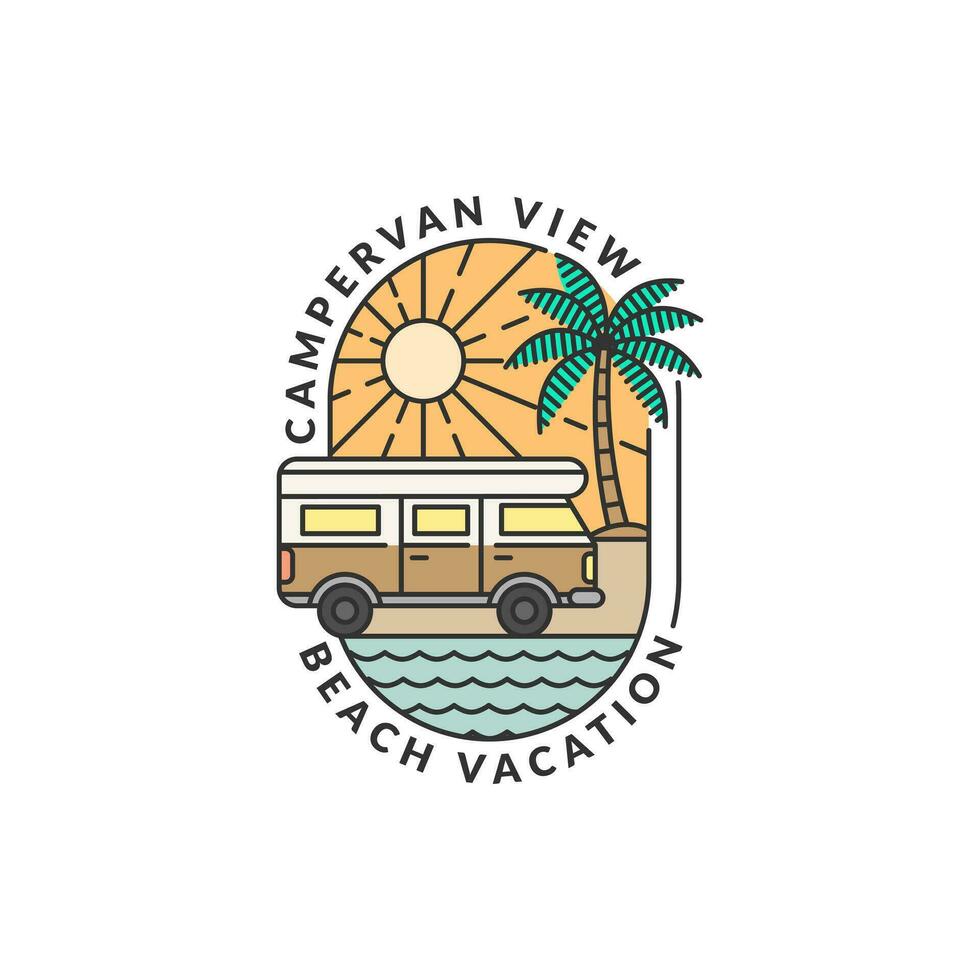 beach and campervan badge monoline or line art style vector illustration