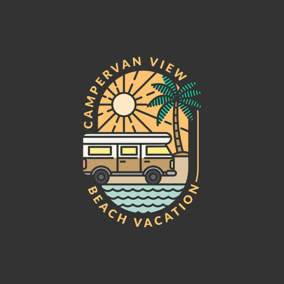 beach and campervan badge monoline or line art style vector illustration