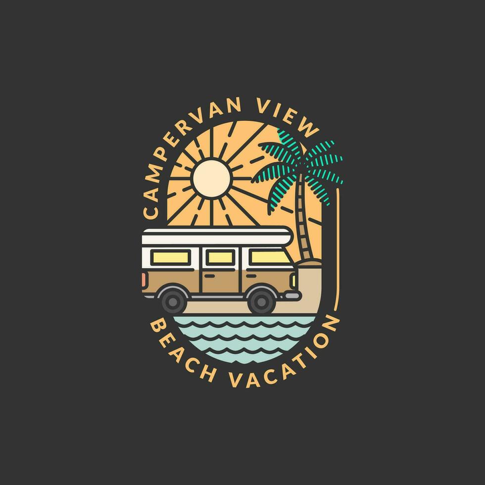 playa y caravana Insignia monoline o línea Arte estilo vector ilustración