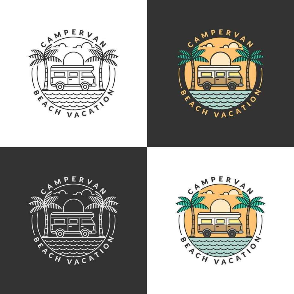 beach and campervan badge monoline or line art style vector illustration