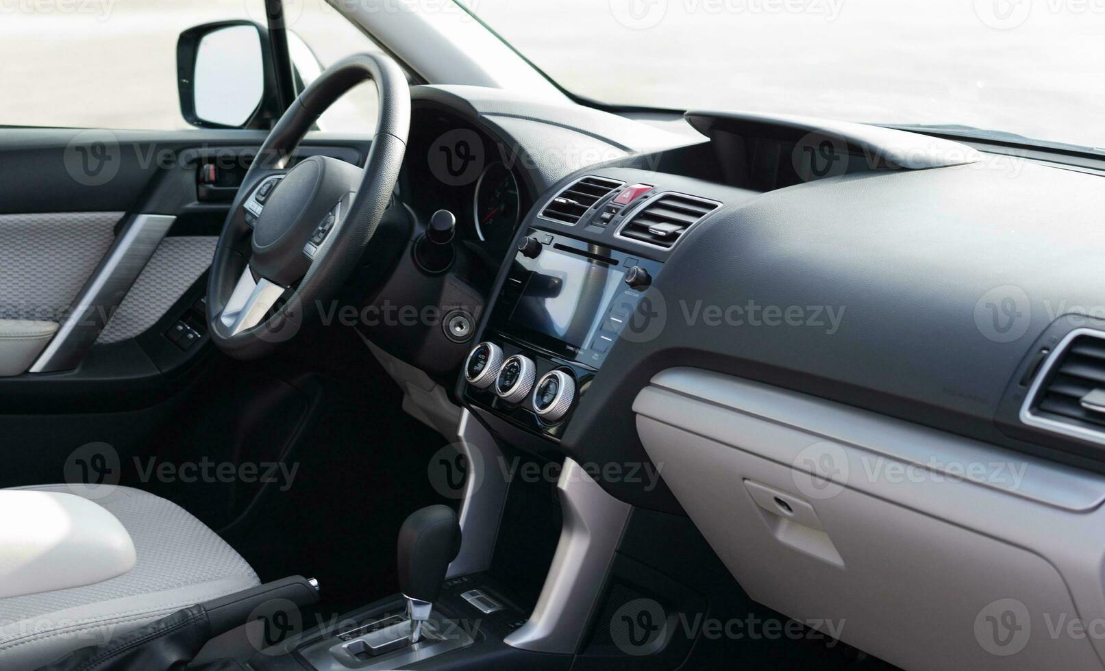 automóvil interior, dentro vehículo gris panel y beige lujo salón. foto