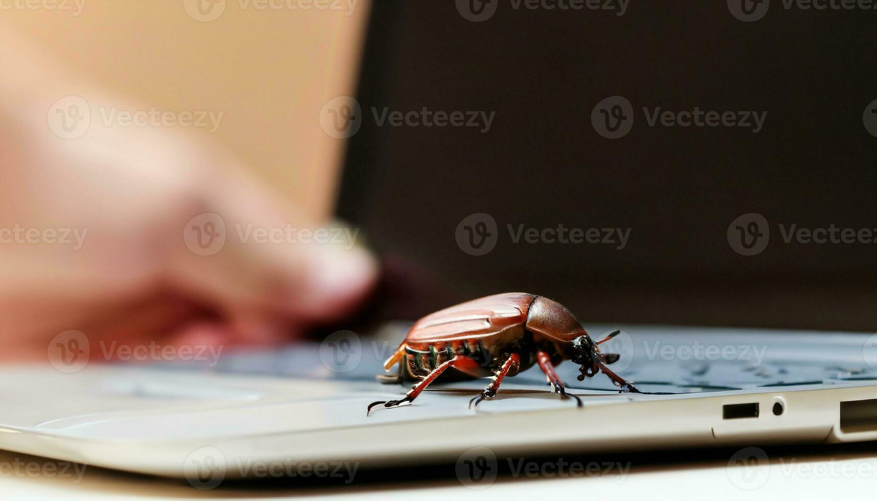 Beetle attacks and destroys electronics. Concept of computer virus and malicious software code. Generative AI photo