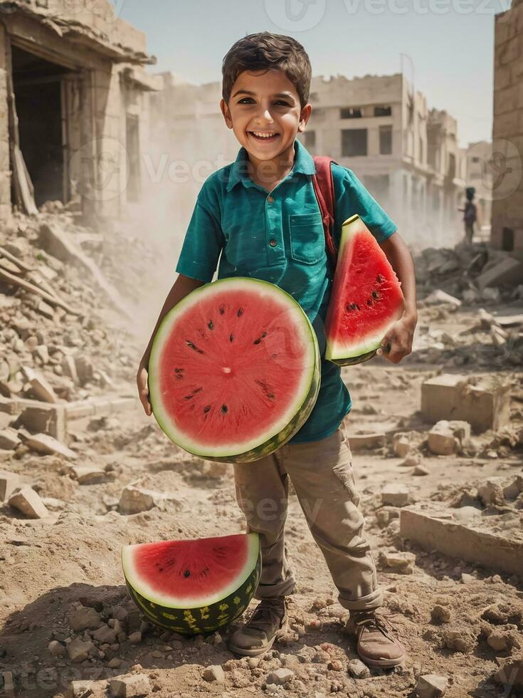 Palestinian child shows a watermelon, a symbol of freedom for the Palestinian people photo