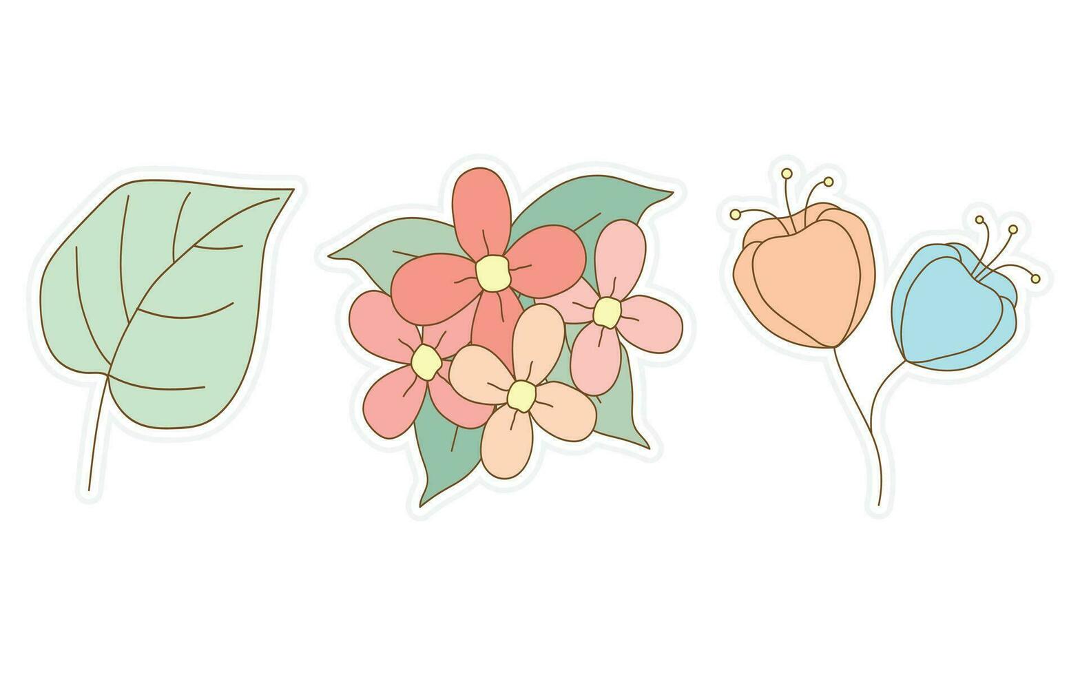 primavera pegatinas, flores, floral y hoja pegatinas para álbum de recortes, planificador, saludo tarjeta y más. vector