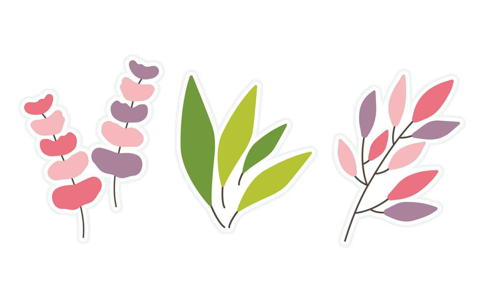 conjunto de flores, floral y hoja pegatinas elementos aislado en un blanco antecedentes. vector