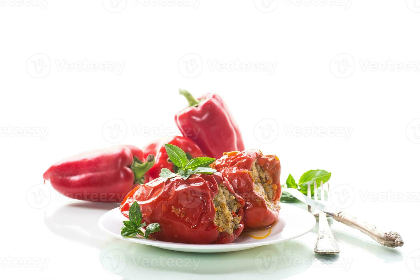 stewed in gravy stuffed peppers in a plate . photo