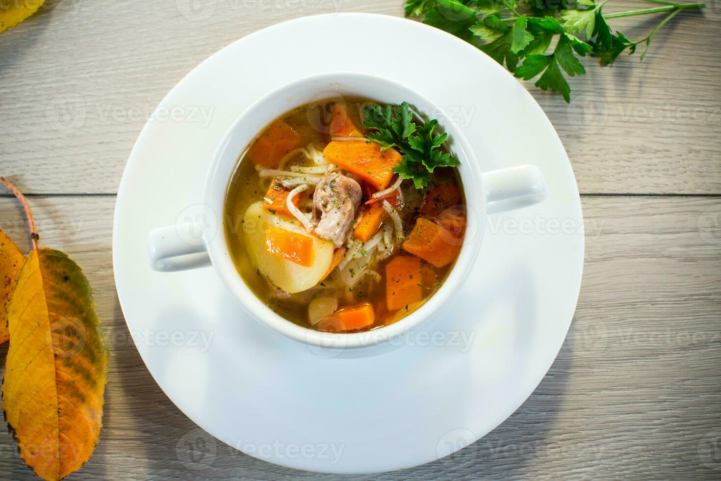 Autumn soup with chicken, noodles and autumn vegetables in a bowl . photo