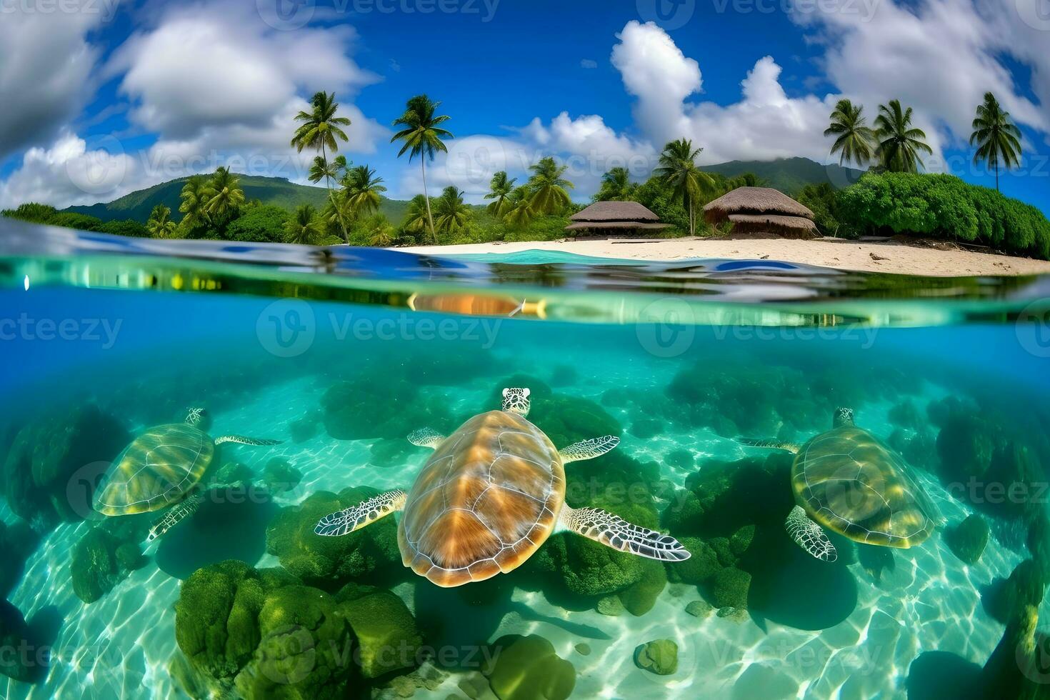 sea turtle close up over coral reef in hawaii. Neural network AI generated photo