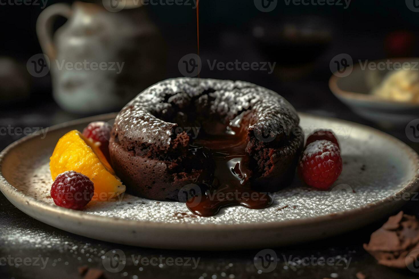 Delicious fresh fondant with hot chocolate and mint on black table. Neural network AI generated photo