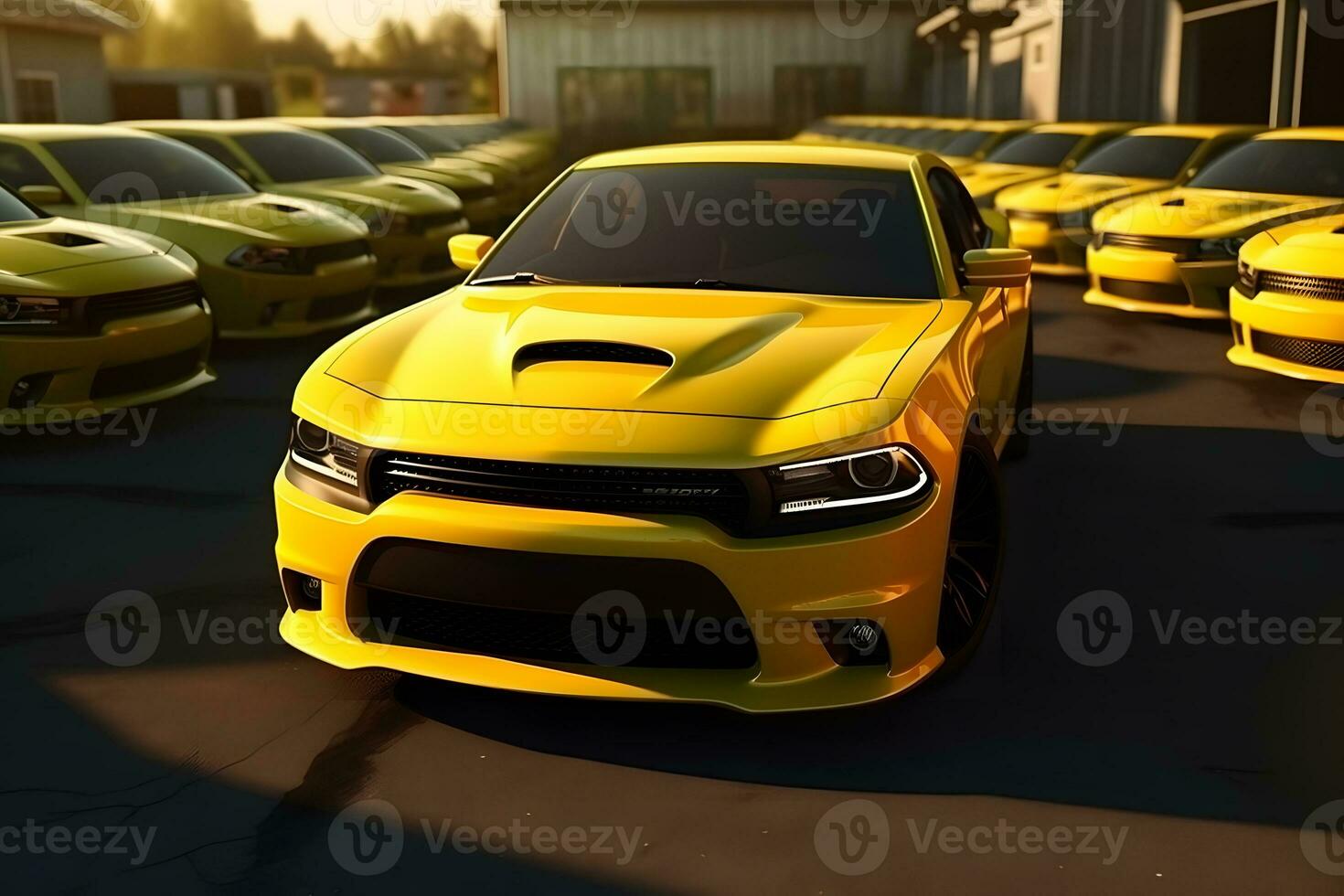 Lots of yellow cars for sale. Neural network AI generated photo