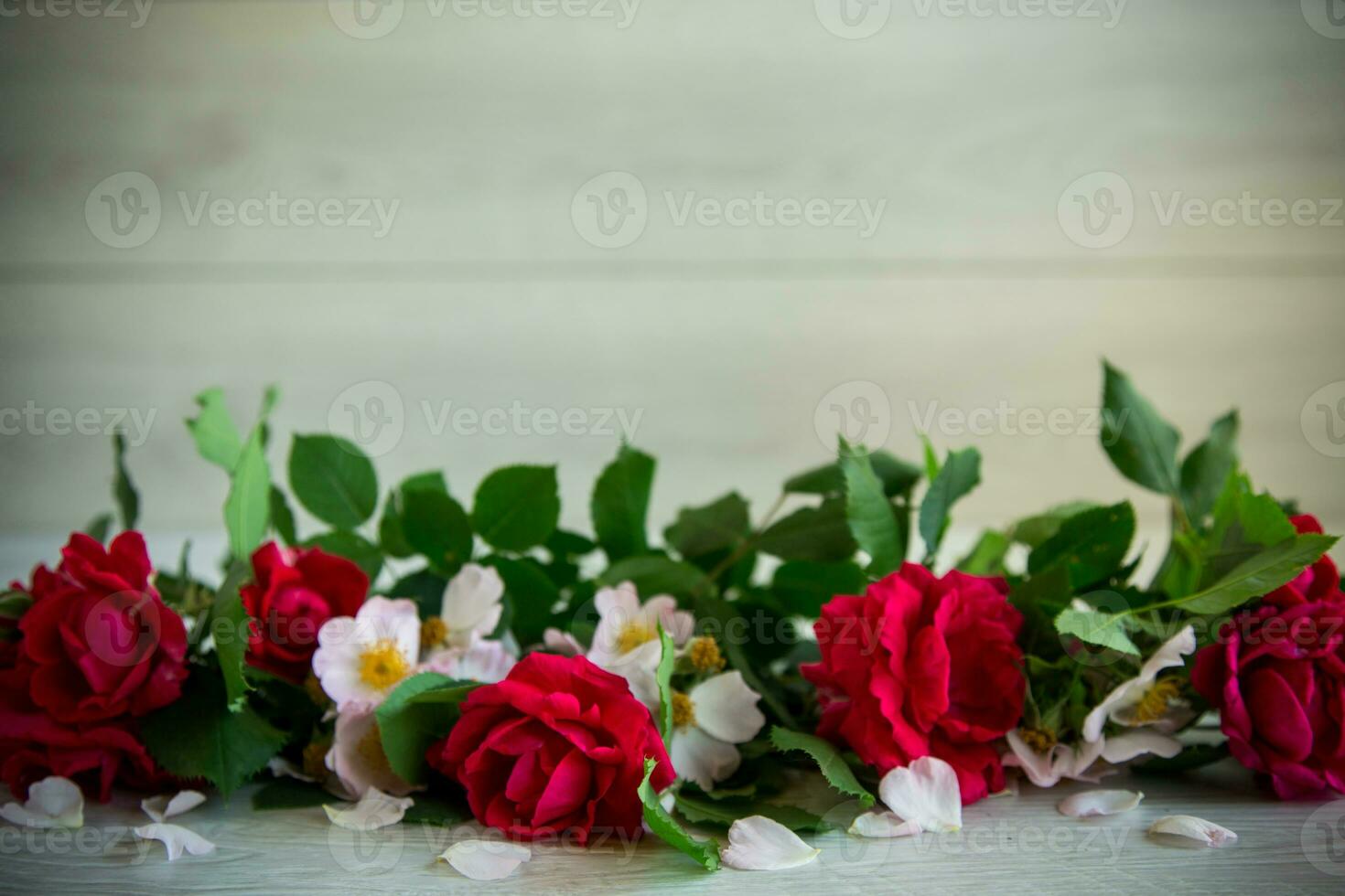 background of many red roses on a light wooden photo