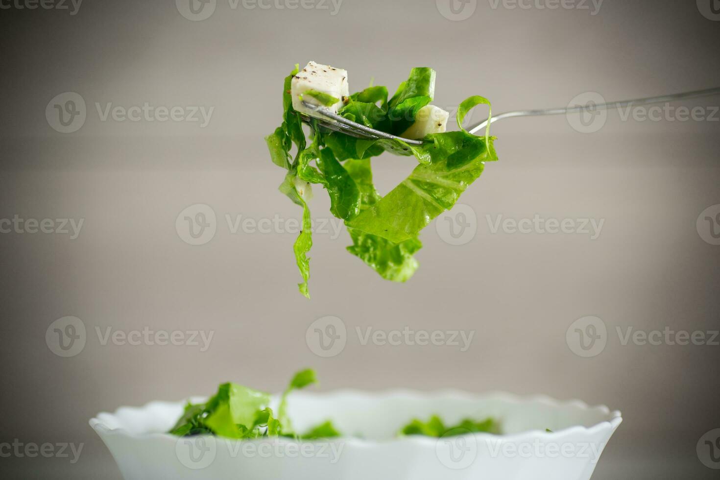 fresh green lettuce salad with mozzarella and herbs on a fork photo