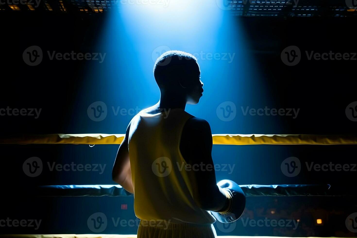 Boxer champion enjoying his victory on lights and standing back to the camera. Neural network AI generated photo