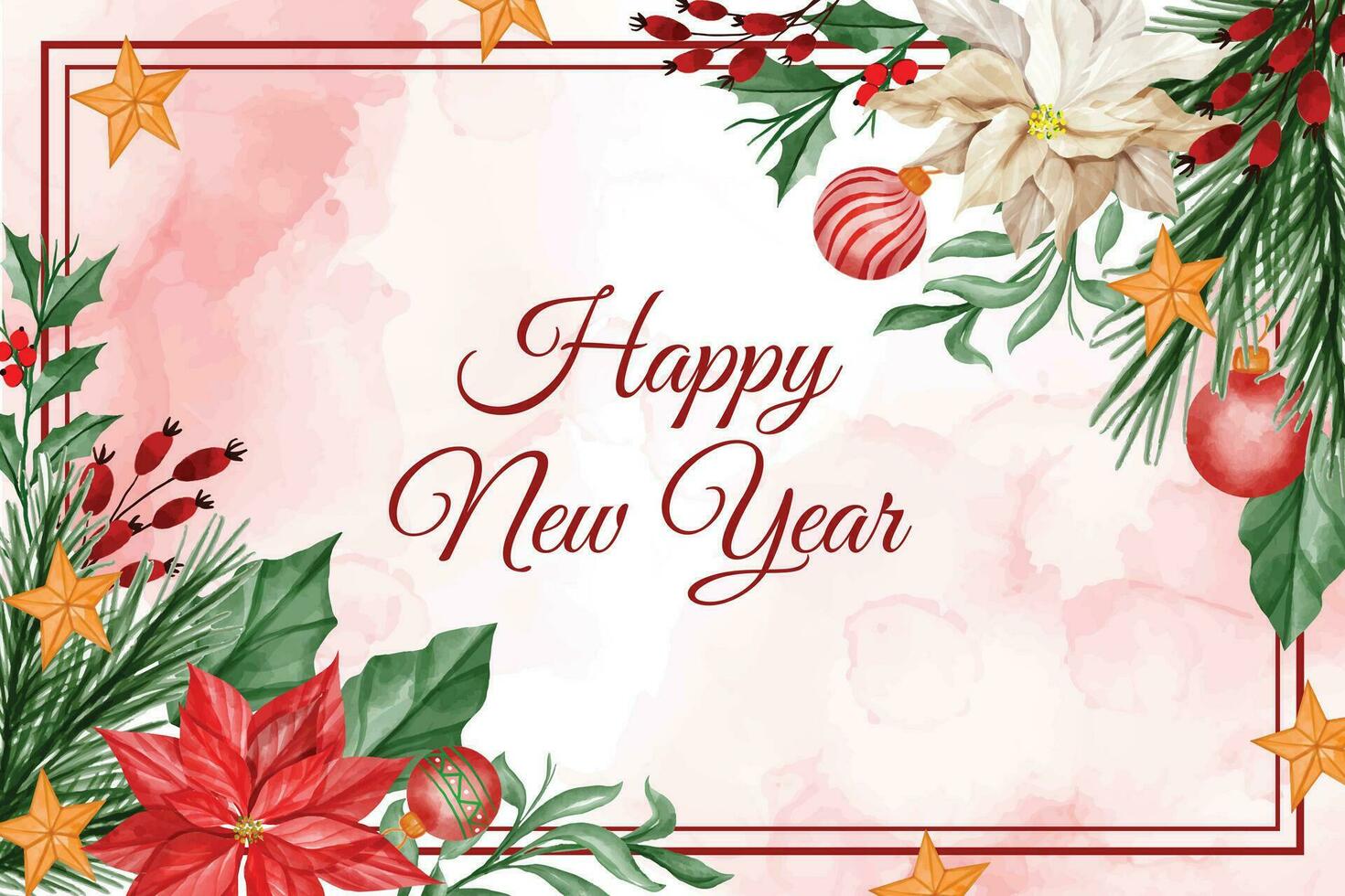 Watercolor christmas background with Poinsettia flower, leaves and Christmas light ball vector