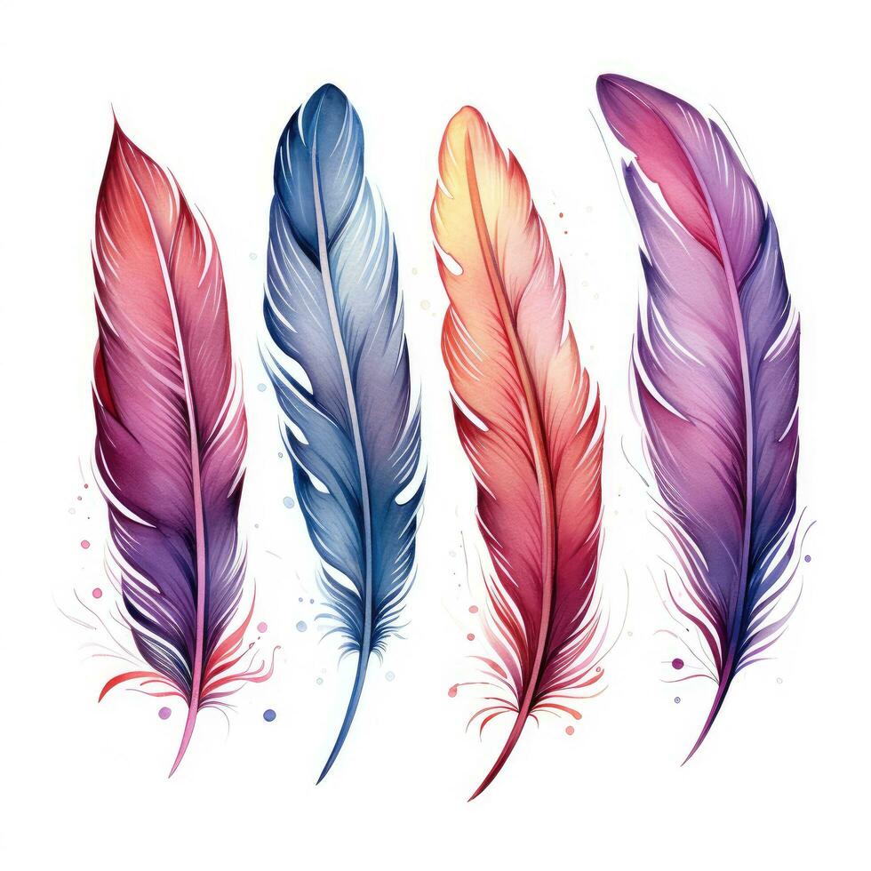 Watercolor multicolored rich bright feathers, dream catcher, isolated feather for different designs. photo