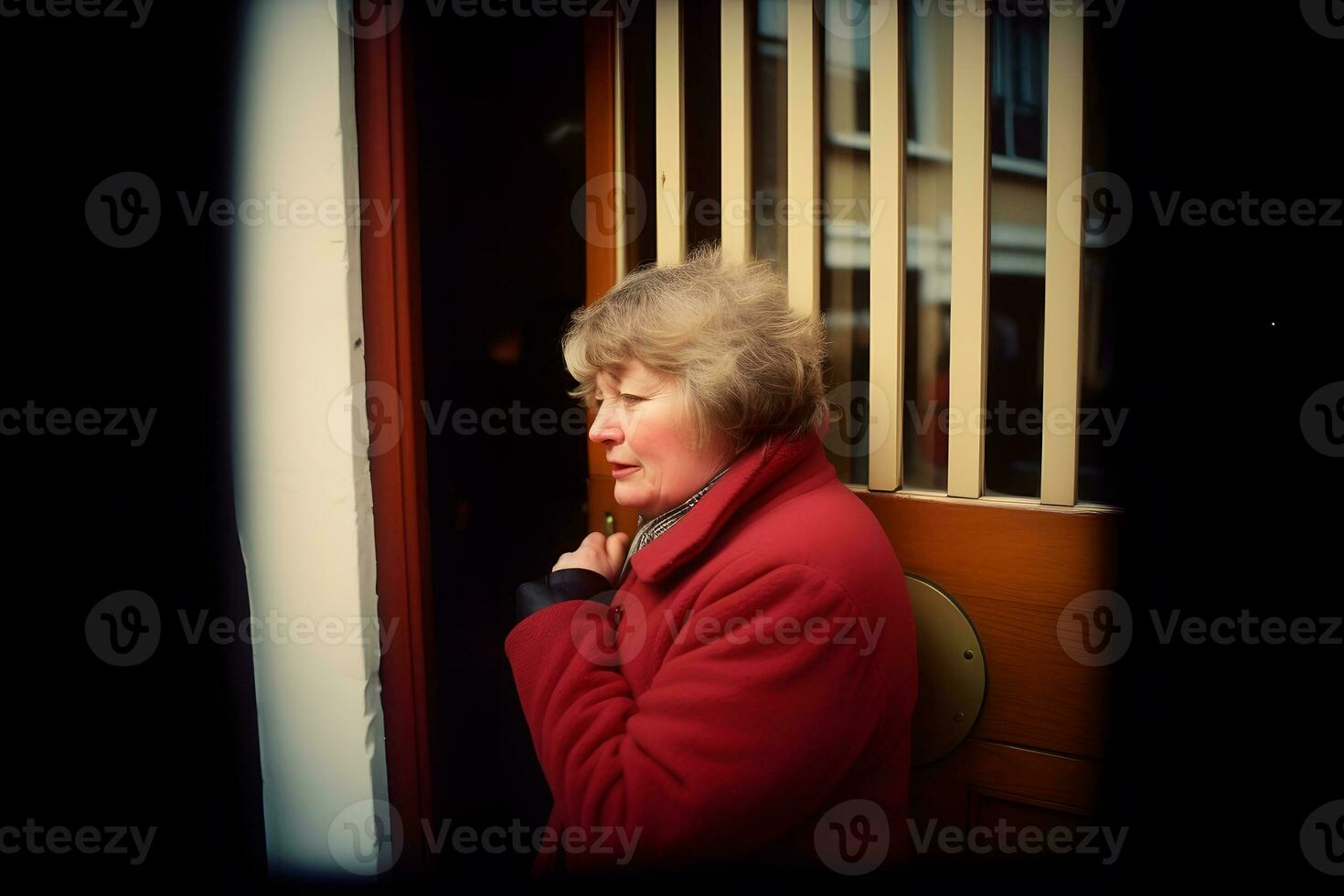 Sad elderly woman in the city. Neural network AI generated photo