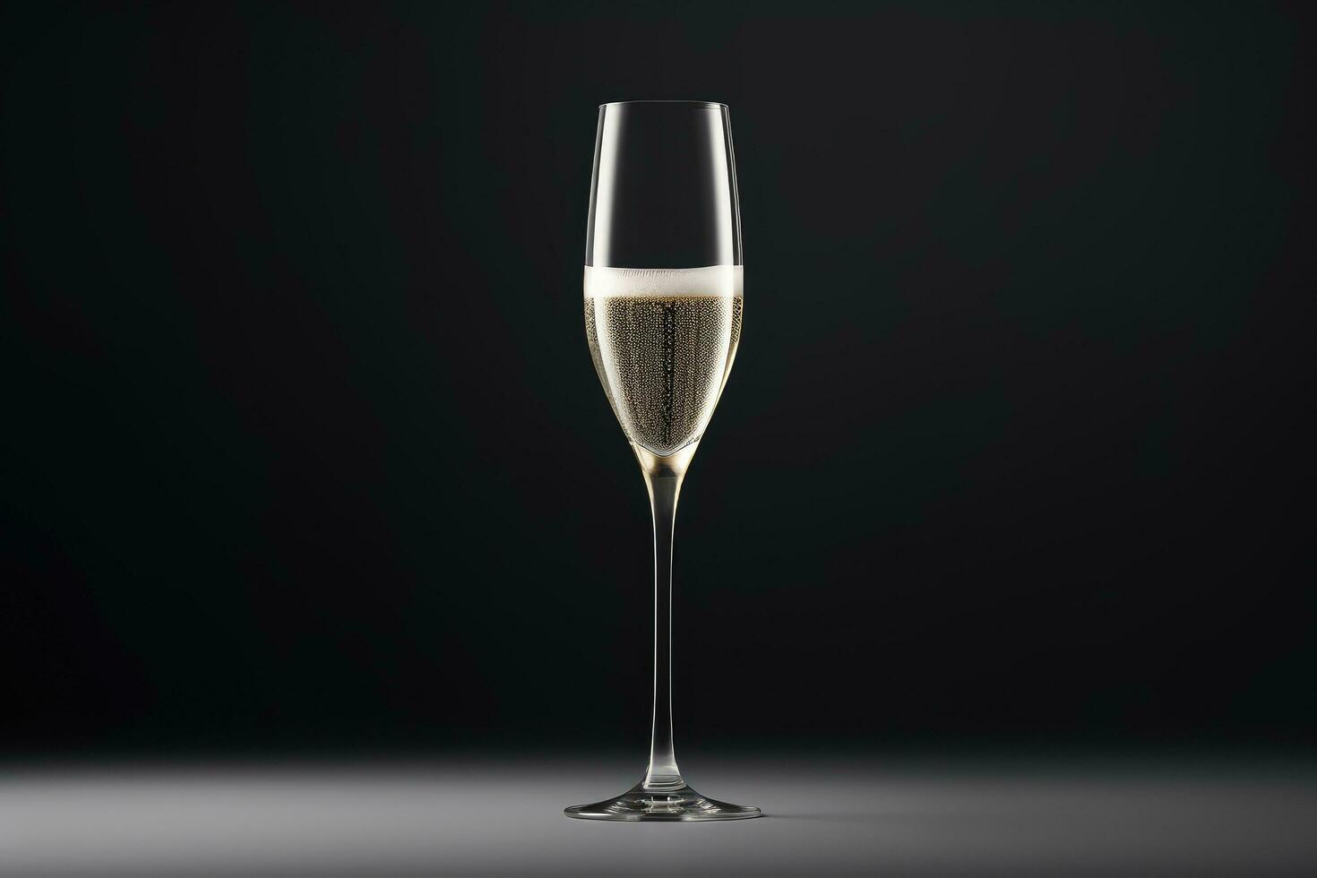 Champagne glass template mockup, alcoholic beverage on black background. Suitable for festive designs and wine lists, restaurant menus. photo