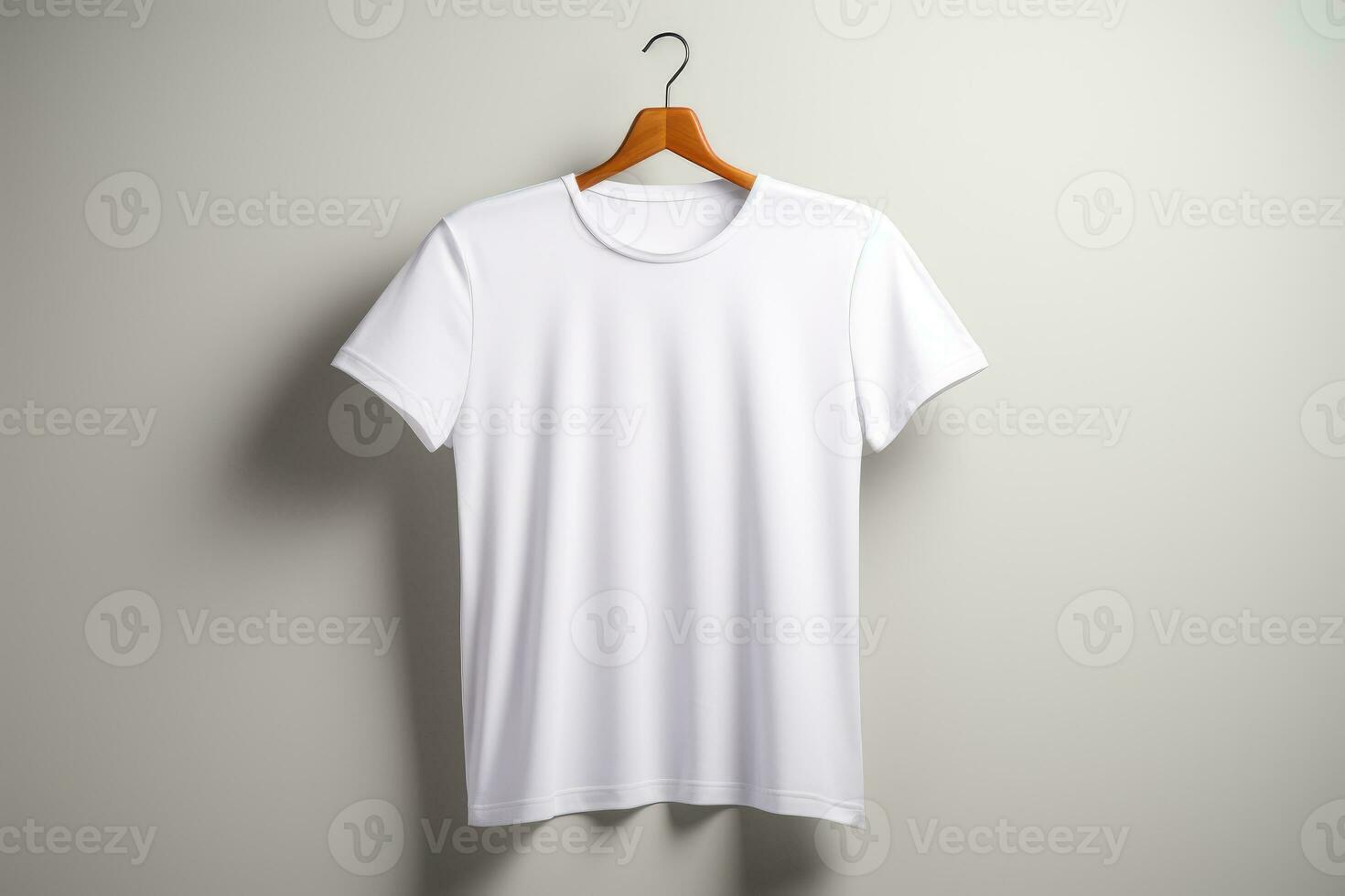 White men's t-shirt mockup template hanging on a hanger on a light neutral background suitable for designers and print shopes. photo
