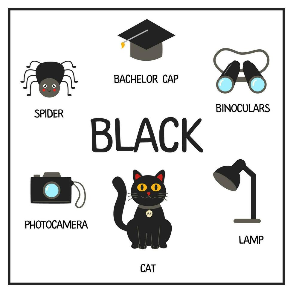 Learning colors worksheet for kids. Black color flashcard. vector