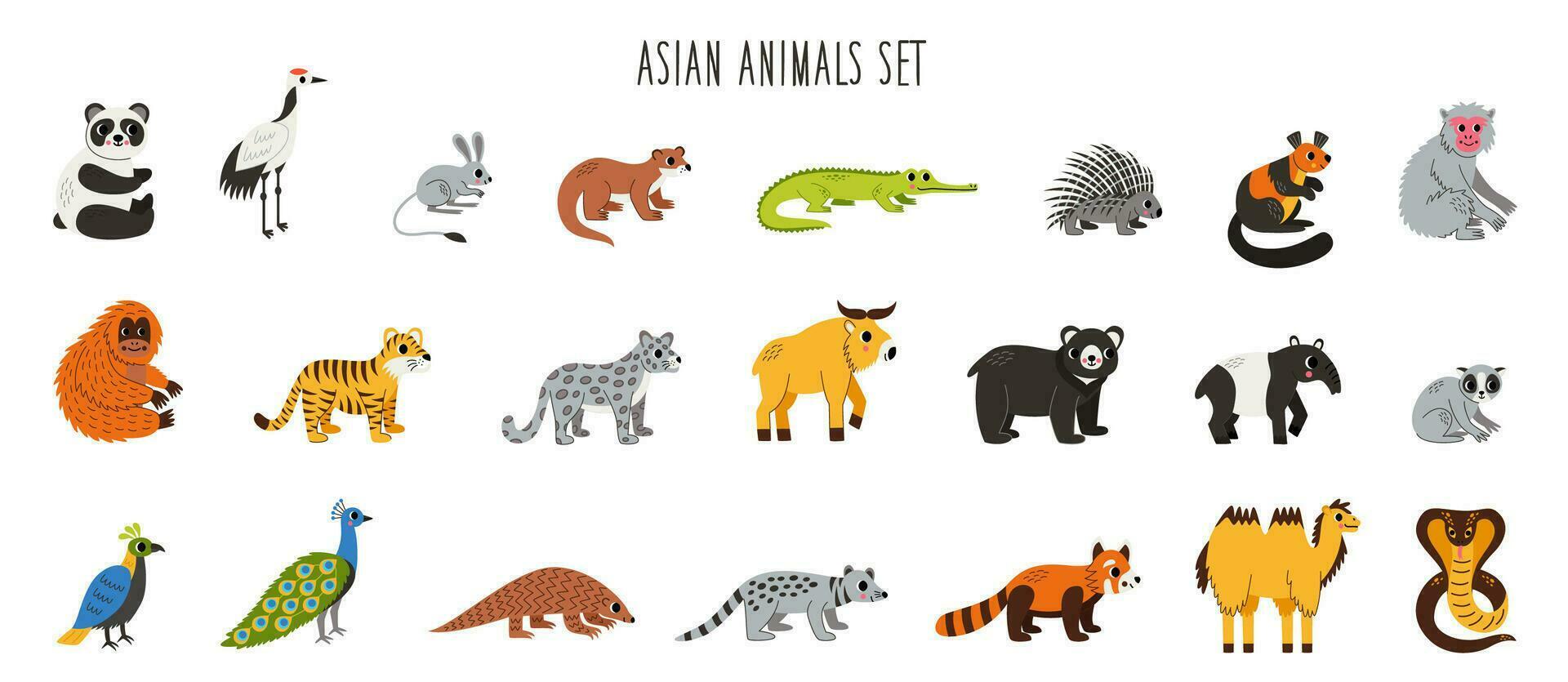 Bundle of cute animals of Asia. Collection of Asia continent fauna. vector