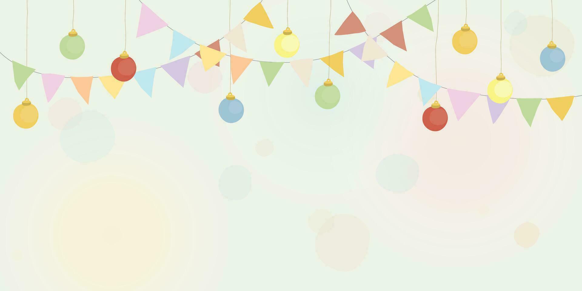 Pastel hanging flag garlands and evening balls with blurred background vector illustration childish style. Party background doodle lines template have blank space.