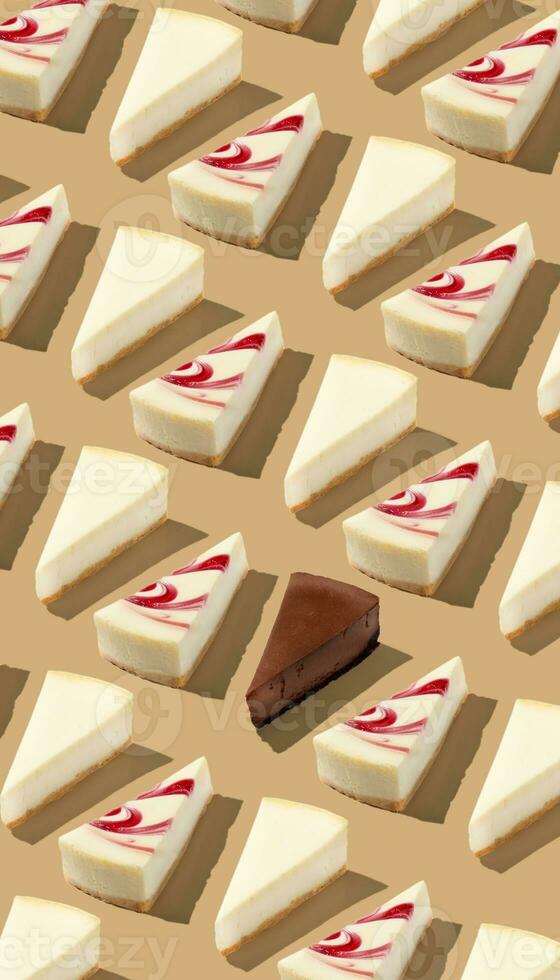 Piece slice cheesecake pattern on yellow camel background isolated photo