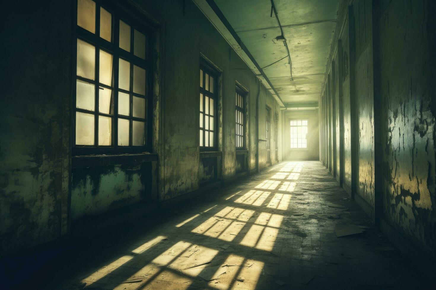 Abandoned factory interior with light coming through the windows and shadows, Old empty corridor. Vintage abandoned building with window, AI Generated photo