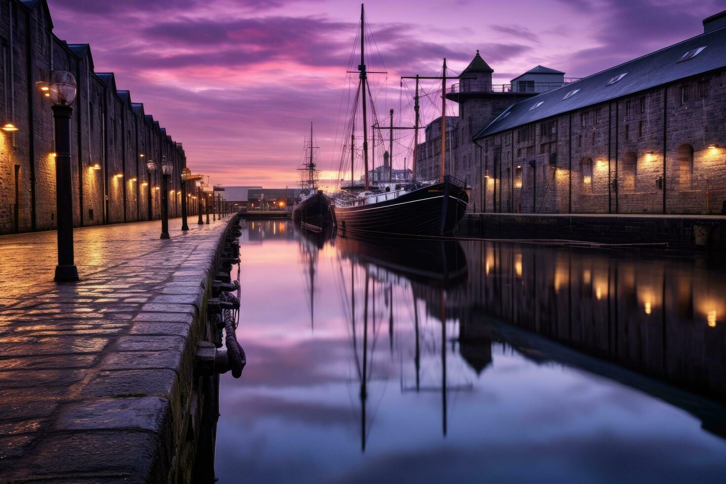 Dramatic sunset over the marina in the old town of Edinburgh, Scotland, Old Leiths Docks at Twilight. Edinburgh, Scotland, AI Generated photo