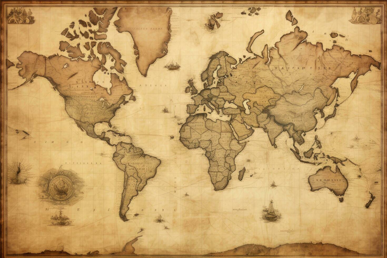 old map of the world on a wooden background with grunge textures, Old Antique World Map on Mercators Projection, AI Generated photo