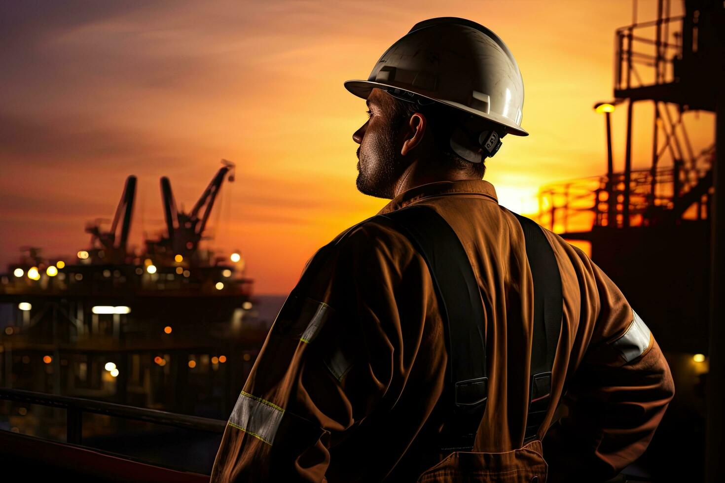 Portrait of a male worker wearing a safety helmet and reflective vest standing in front of a cargo ship on a sunset background, Oil rig worker at sunset, AI Generated photo