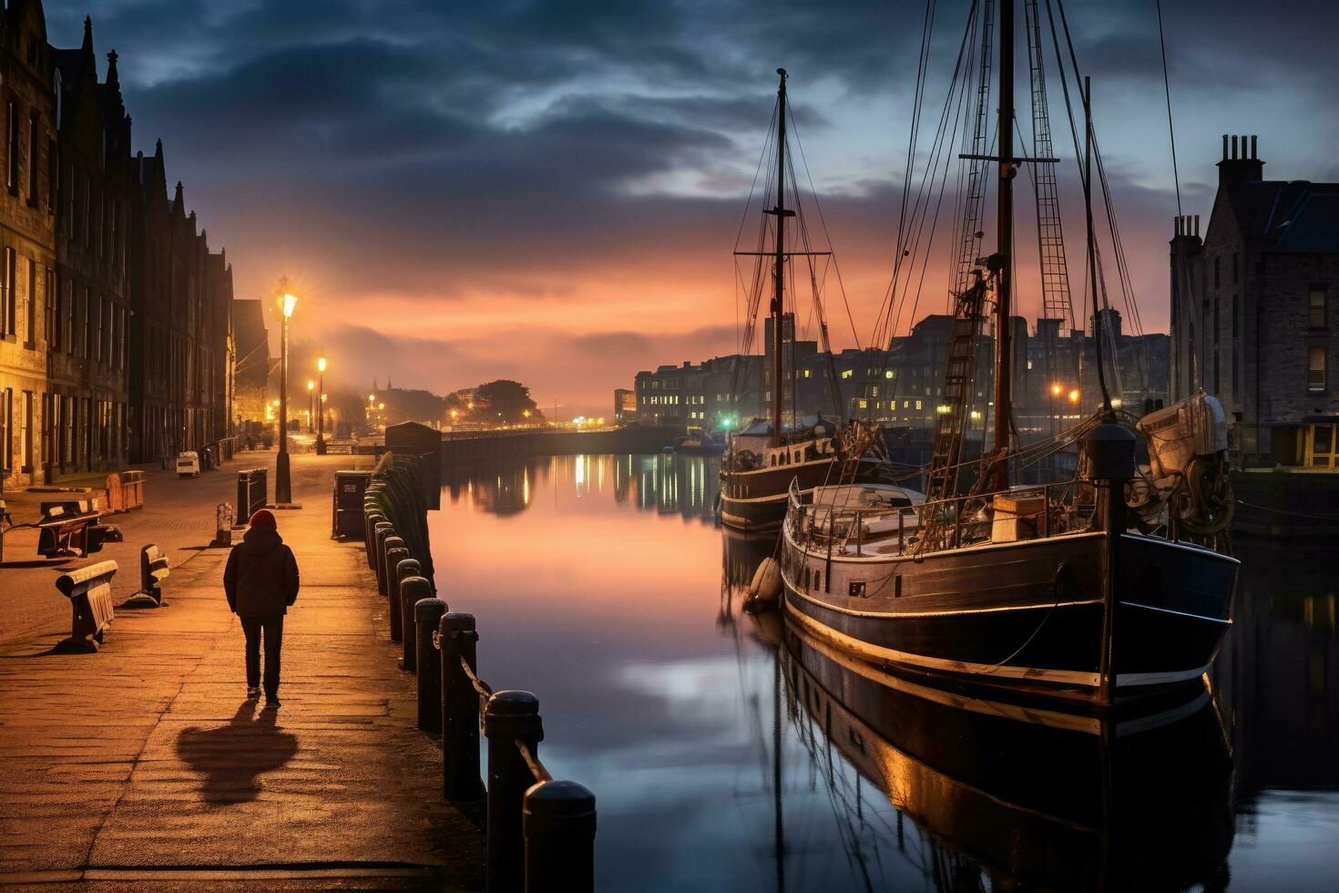 Old harbor of Gdansk at night, Poland. Long exposure, Old Leiths Docks at Twilight. Edinburgh, Scotland, AI Generated photo