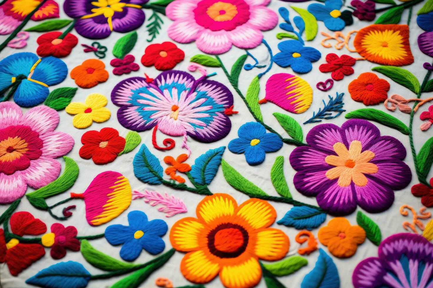 Colorful flower pattern on the fabric background. Handmade. Selective focus, colorful embroidered decorative textile from Otavalo city at the artisans market, AI Generated photo