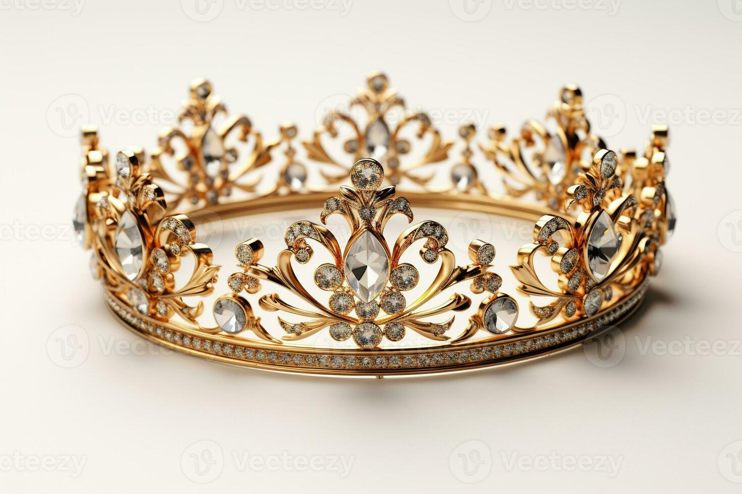 elegante dorado corona con precioso piedras en un blanco antecedentes. generado por artificial inteligencia foto