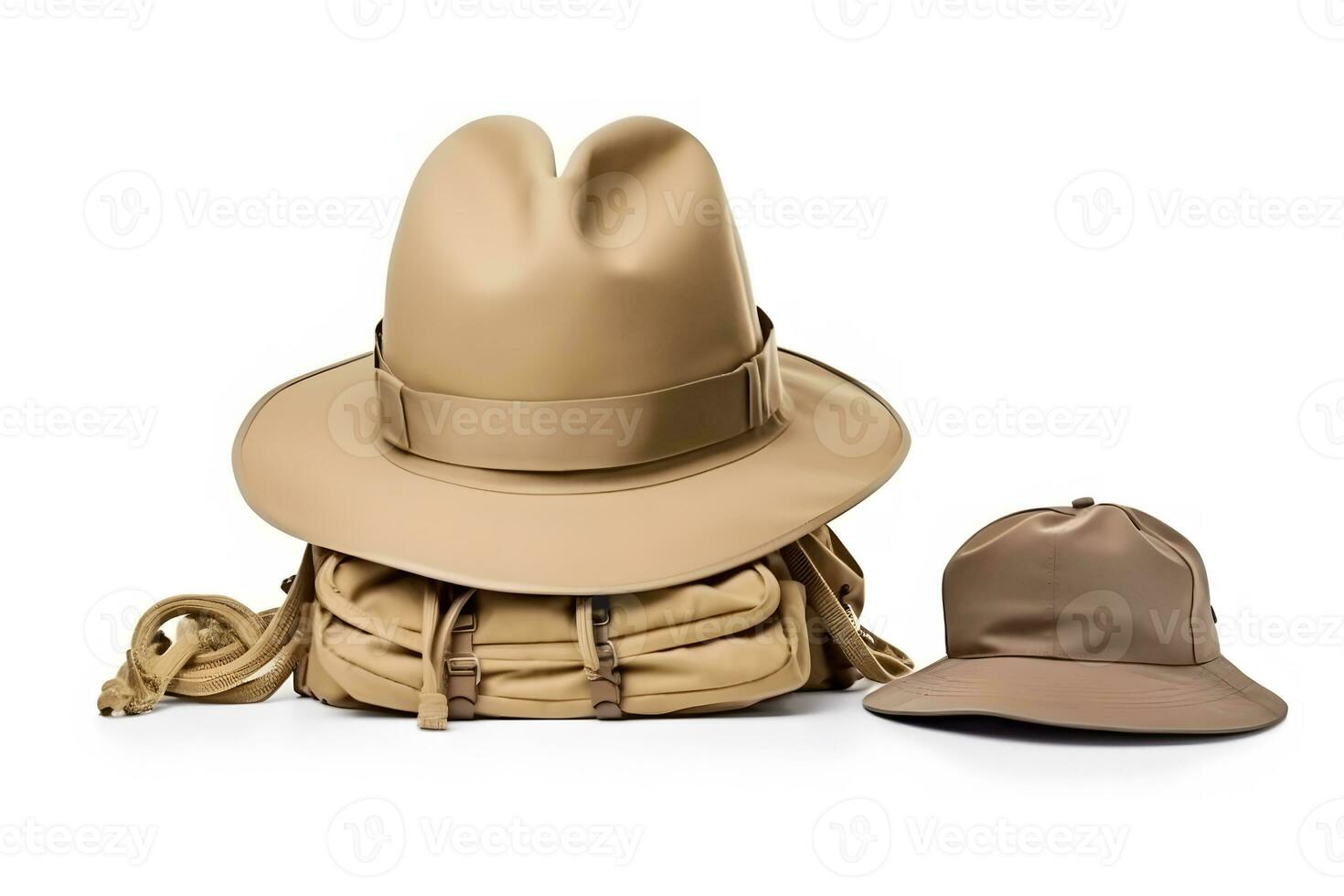 Travel set isolated on white background. Hat, backpack and boots. Neural network AI generated photo