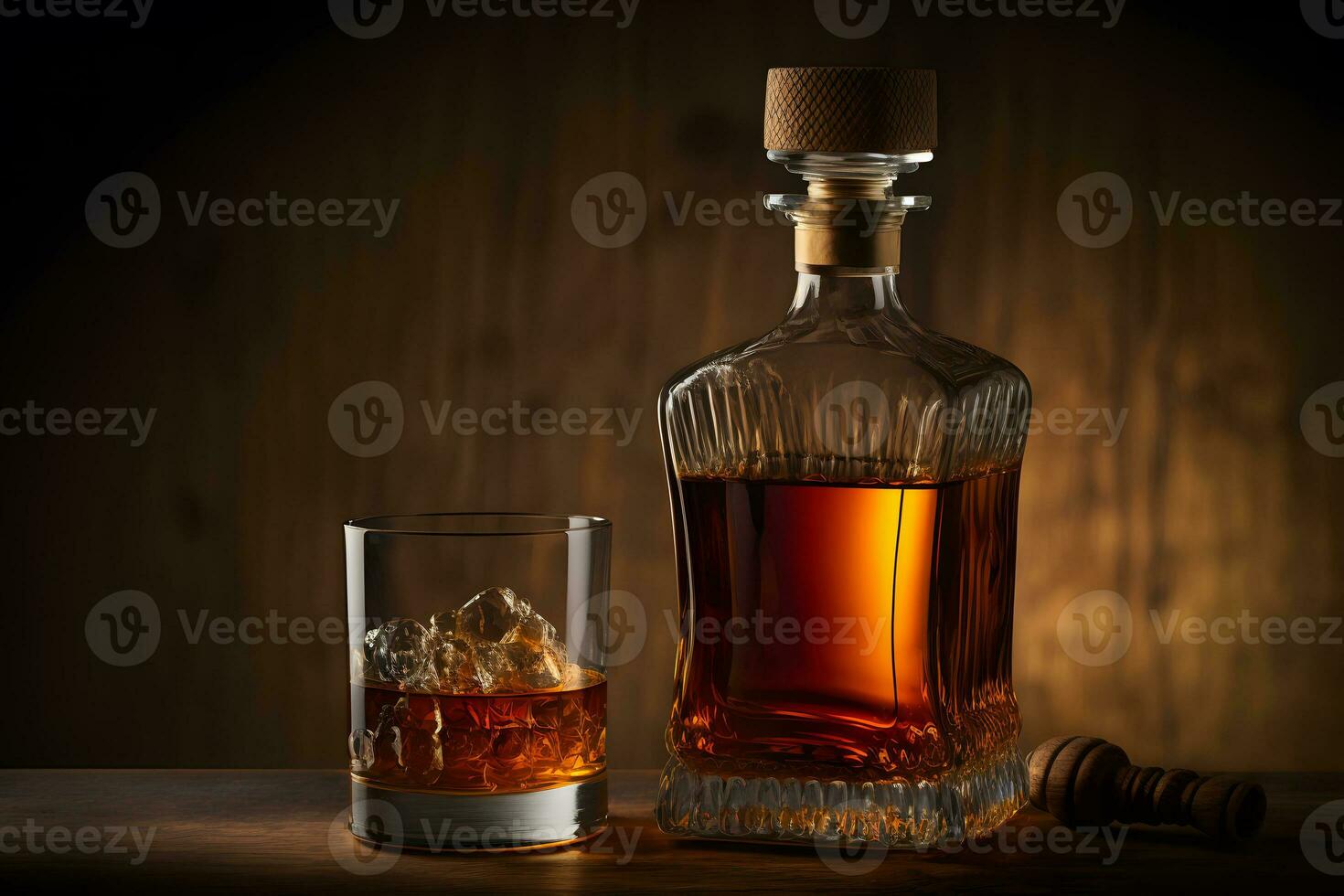 Old whiskey glass close to vintage bottle on wooden table. Neural network generated art photo