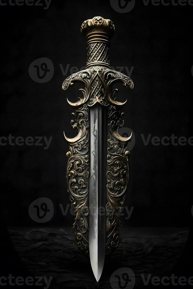 Medieval sword and scabbard. Fantasy golden sword with long blade. Neural network generated art photo