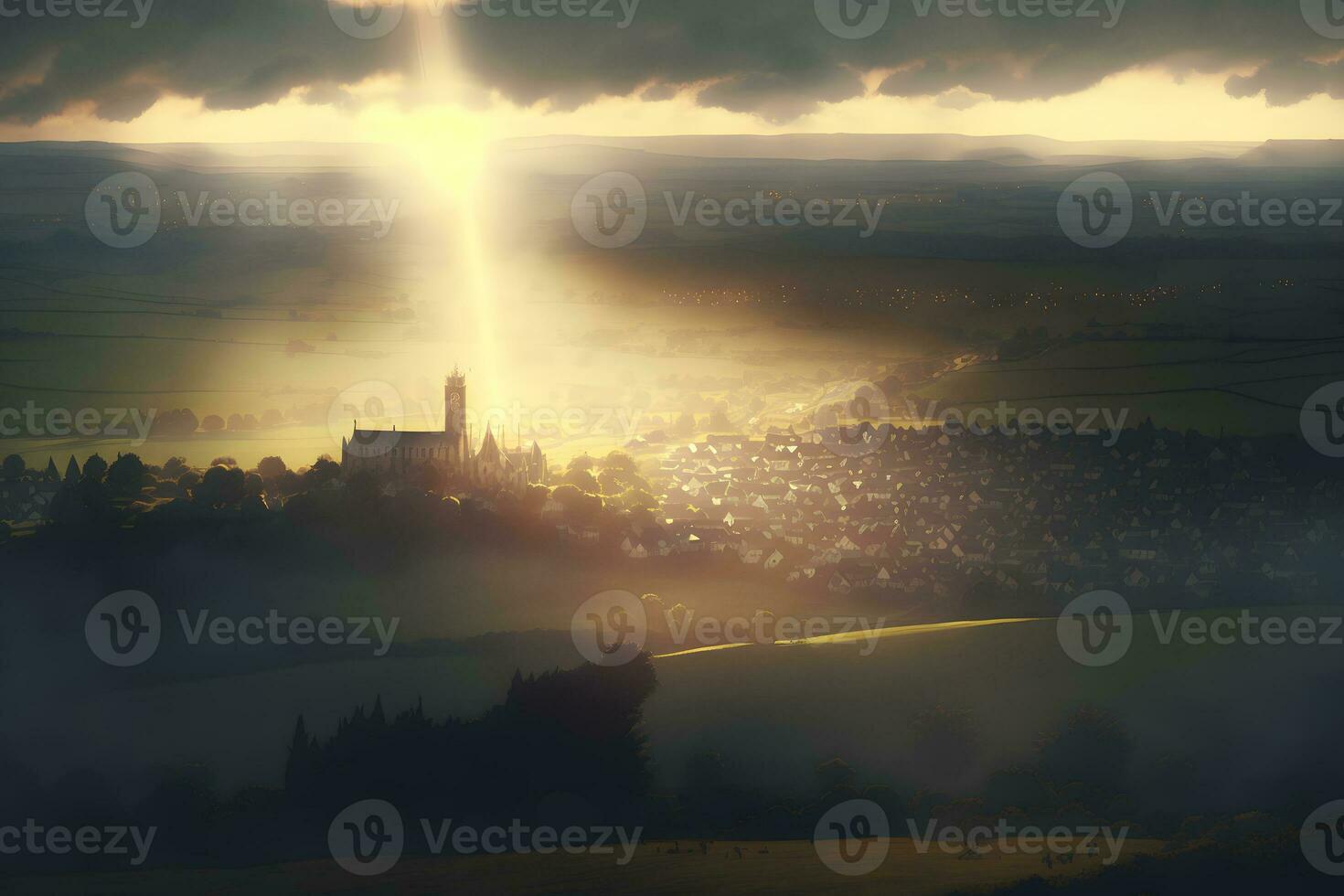 sunrise in old european city landscape. Neural network AI generated photo