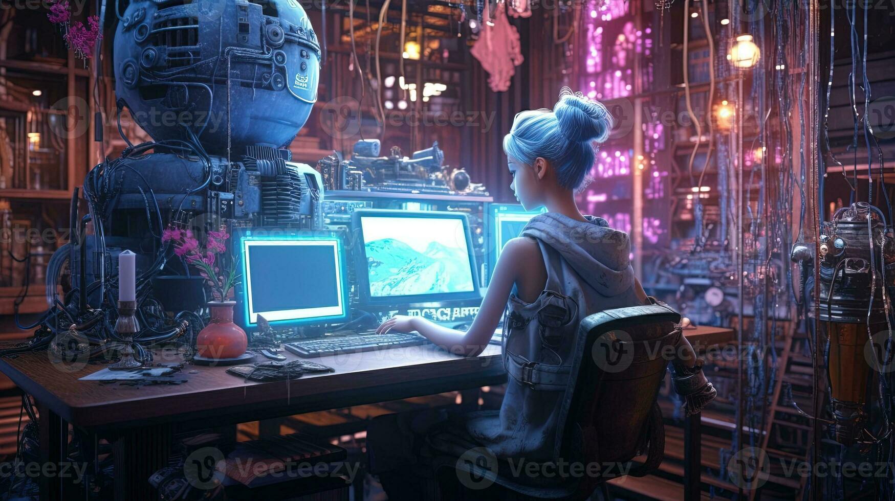 sorceress computer, digital art illustration, Generative AI photo