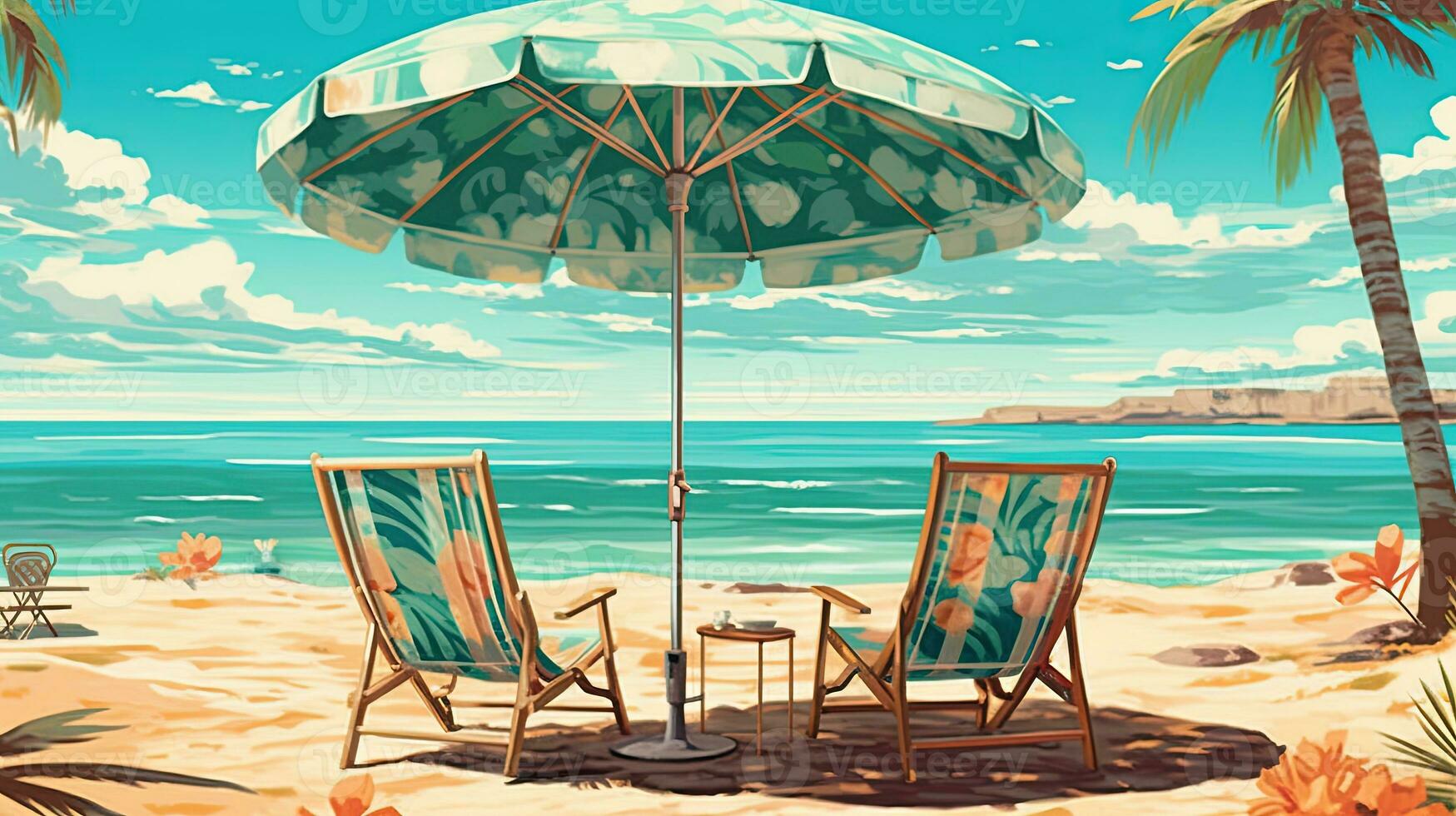 retro beach paradise, digital art illustration, Generative AI photo