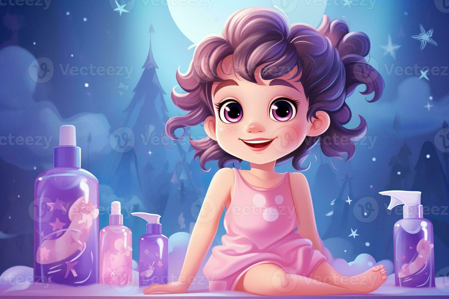 Toddler girl with bottles with children's skin care cosmetics in cartoon style. Baby skin care. Generated by artificial intelligence photo