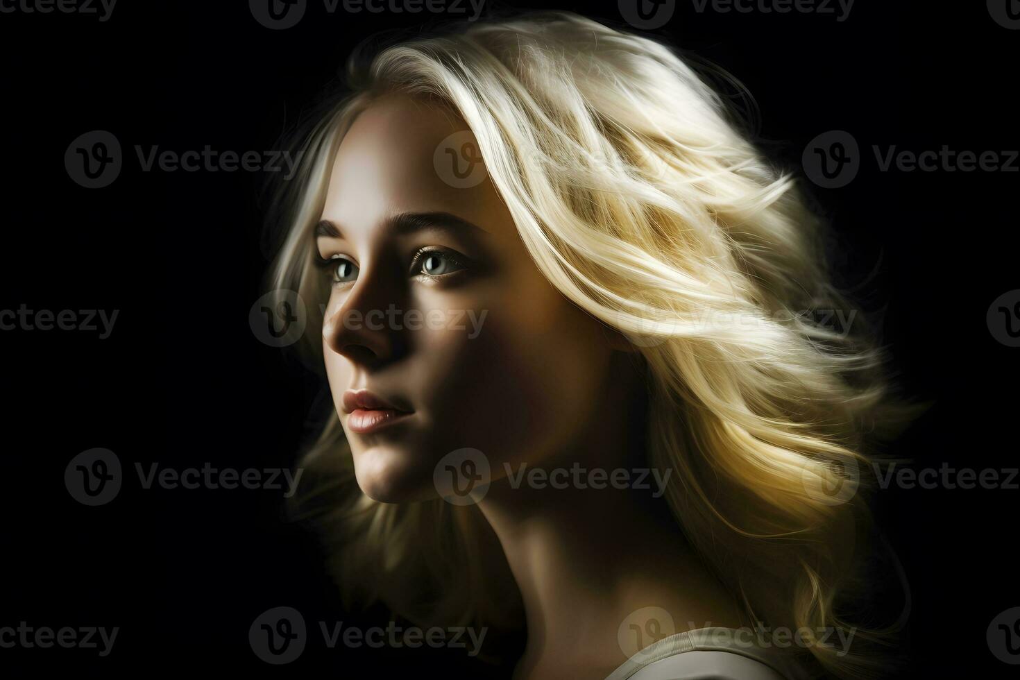 Portrait of a blonde girl on a dark background. Neural network AI generated photo