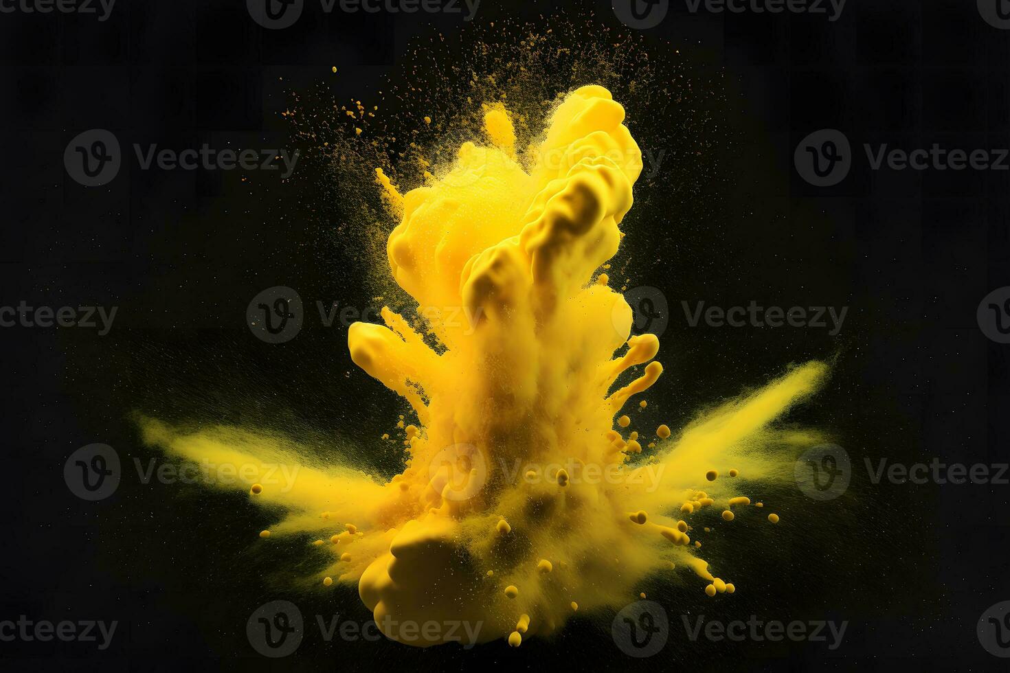 Explosion of yellow color paint powder on black background. Neural network generated art photo