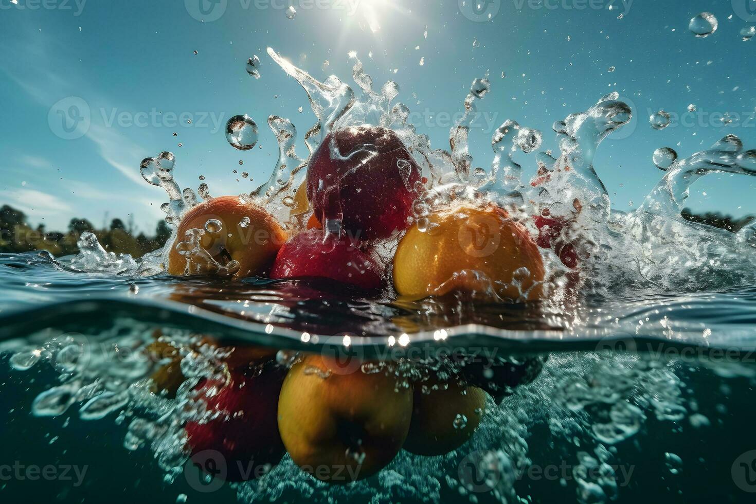 Tropical fruits fall deeply under water with a big splash. Neural network AI generated photo