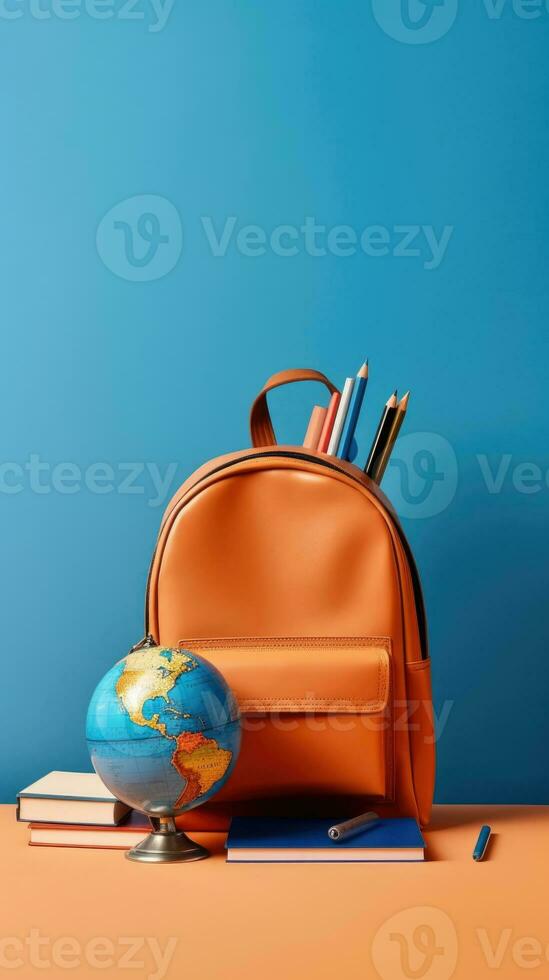 Backpack with different school stationery on light blue background. AI generative photo