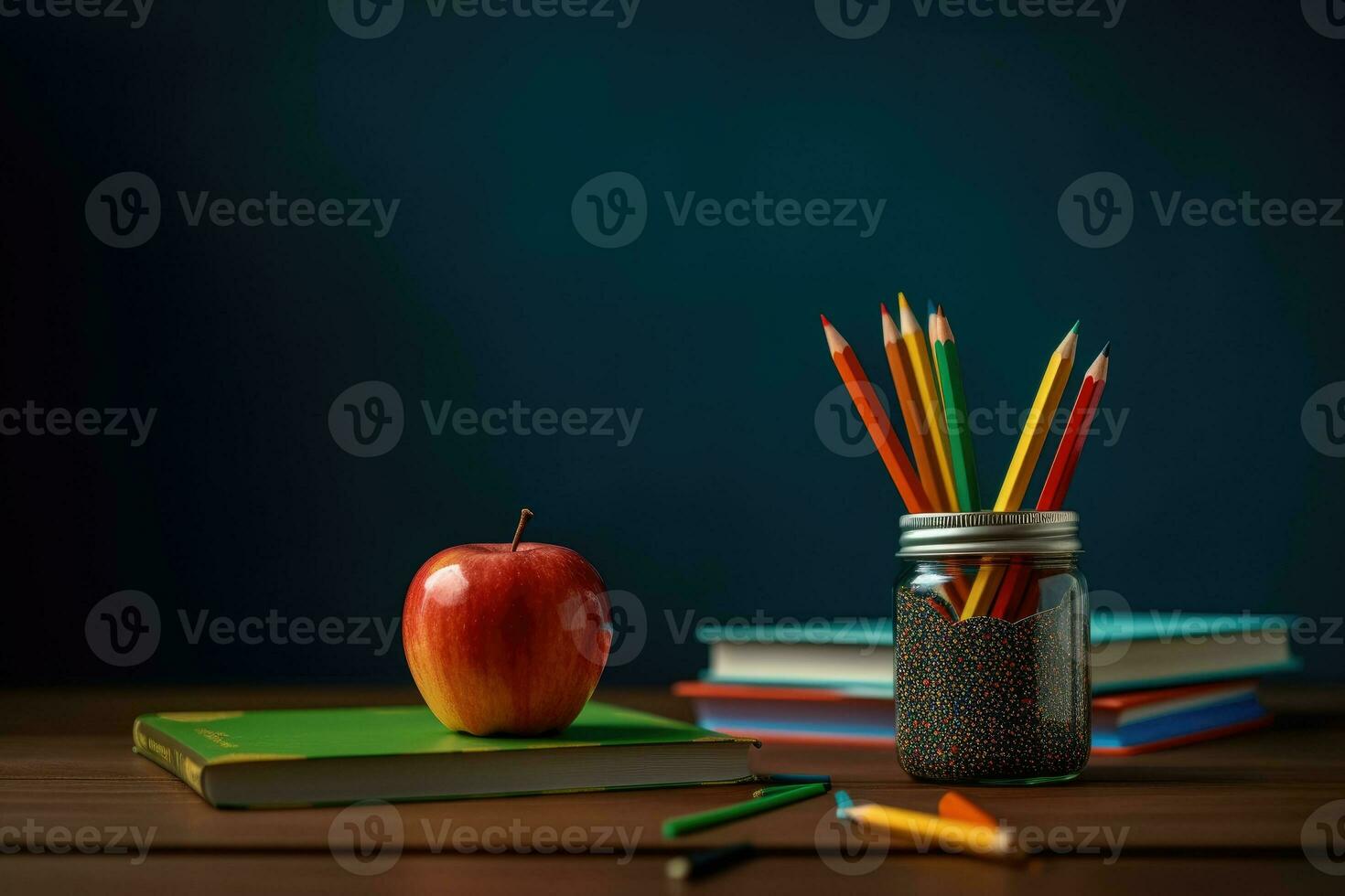 School supplies next to the apple and stack of books on the blackboard background. Back to school concept on September day. AI generative photo