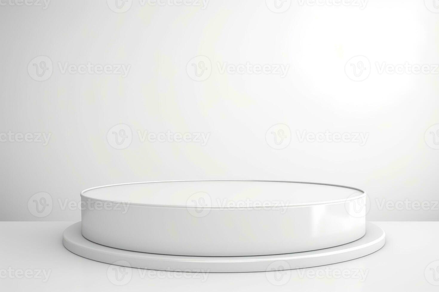 blanco vacío redondo podio en un blanco antecedentes. minimalista antecedentes para productos cosméticos y accesorios. generativo ai foto