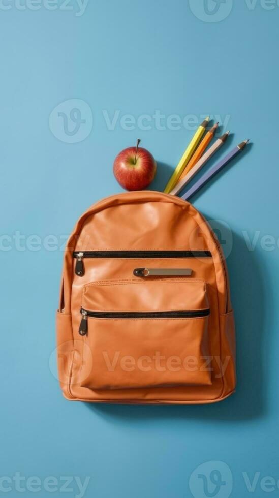 Backpack with different school stationery on light blue background. AI generative photo