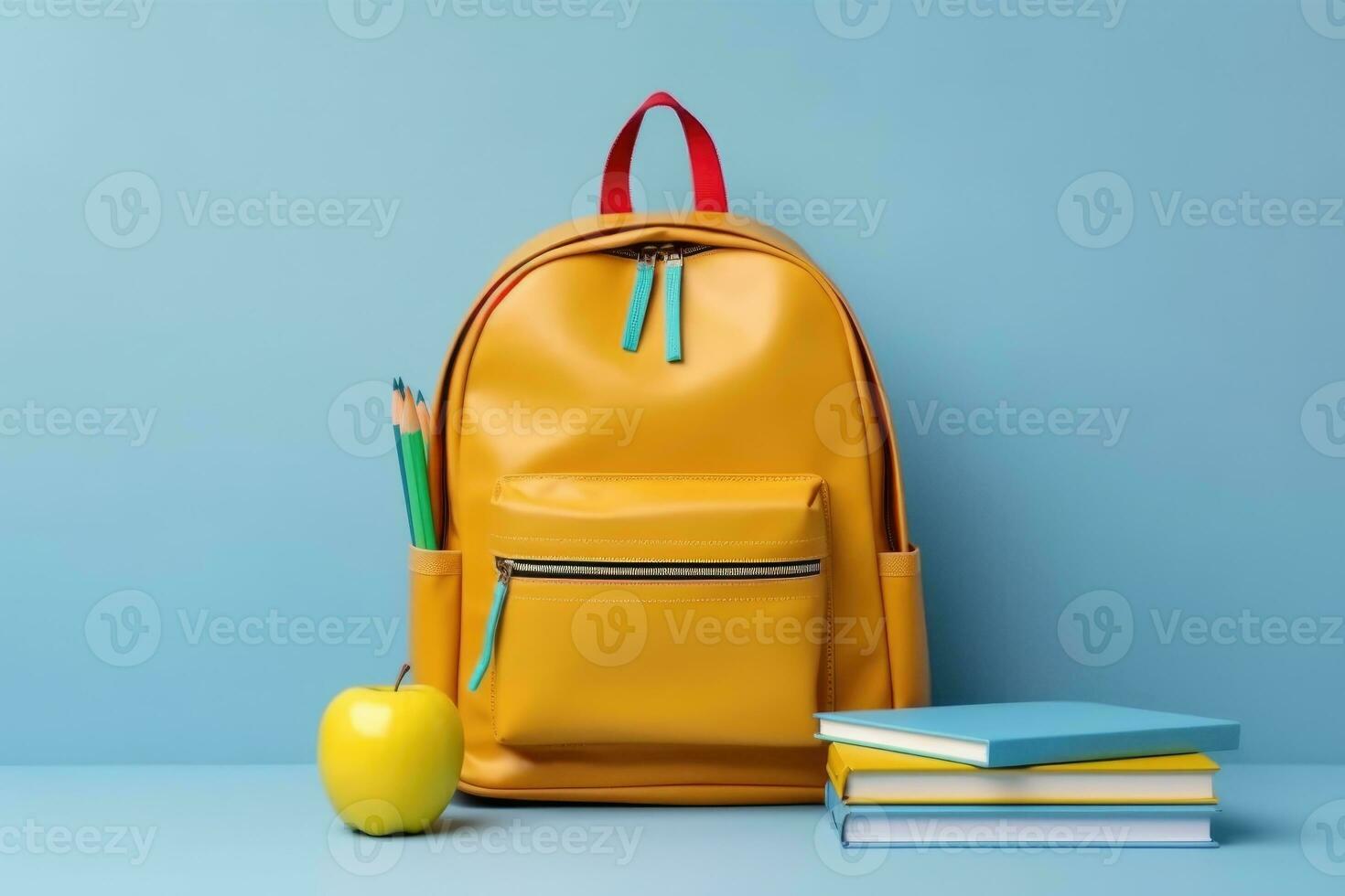 Backpack with different school stationery on light blue background. AI generative photo