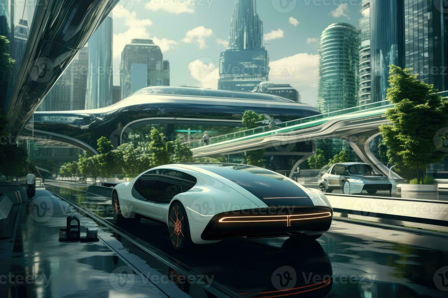 city of the future, Autonomous Self-Driving 3D Car Moving Through City Highway. AI generative photo