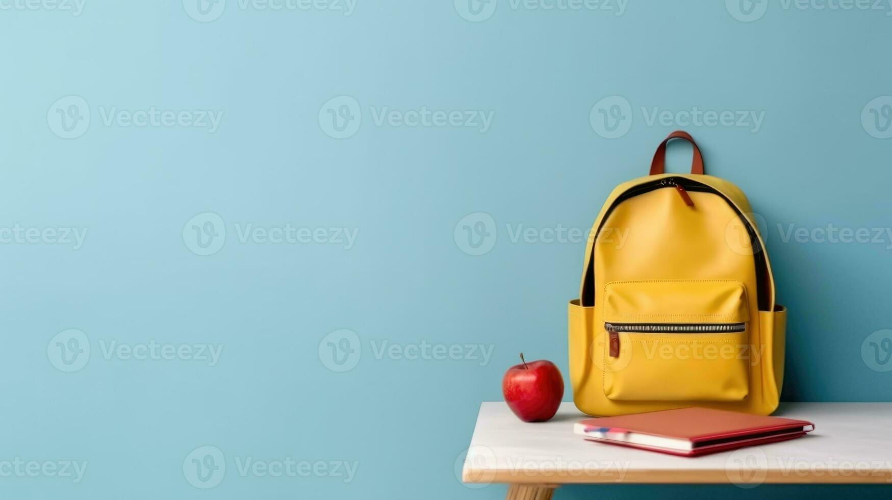Backpack with different school stationery on light blue background. AI generative photo